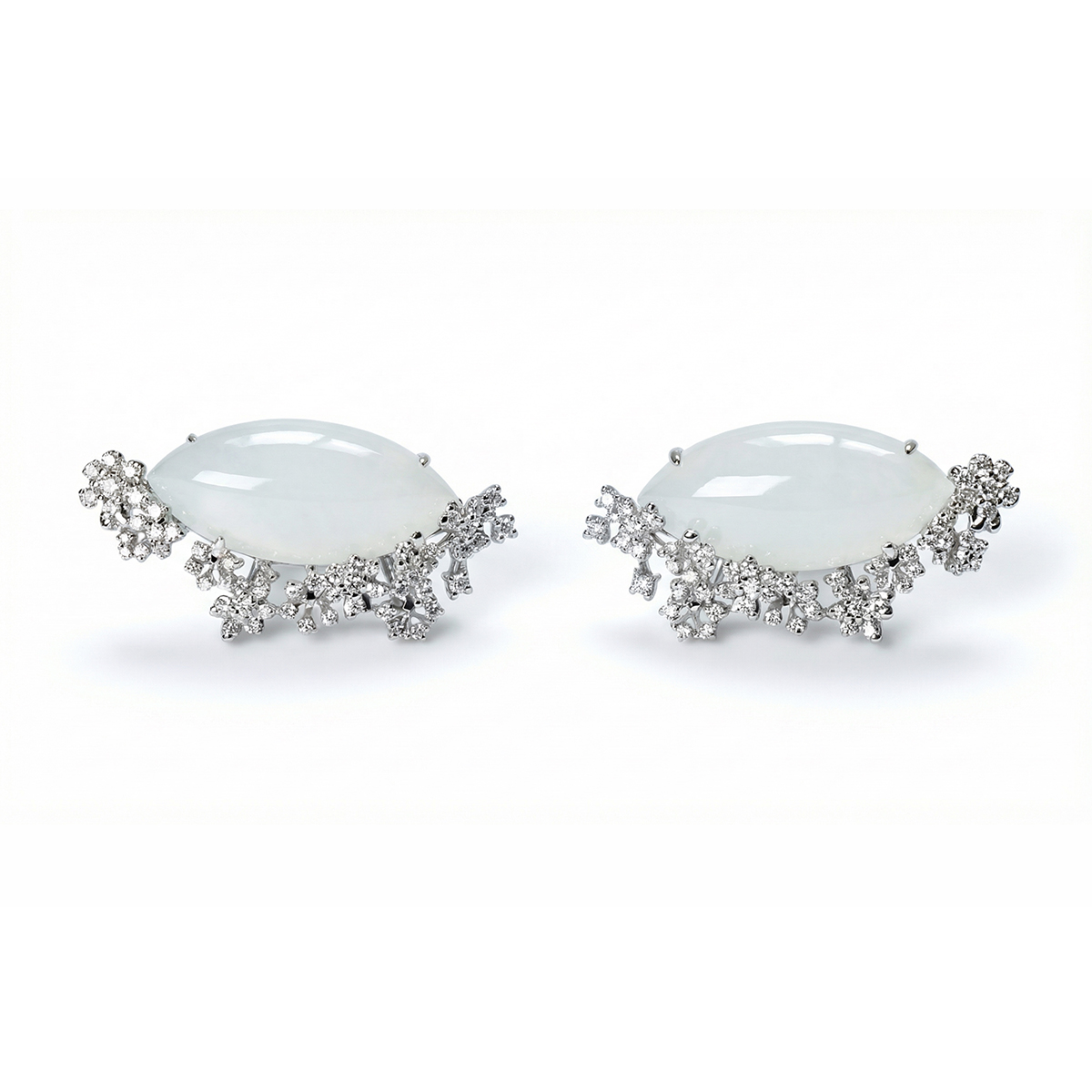 Marquise Hetian Jade Studs with Crystalline Diamond Clusters