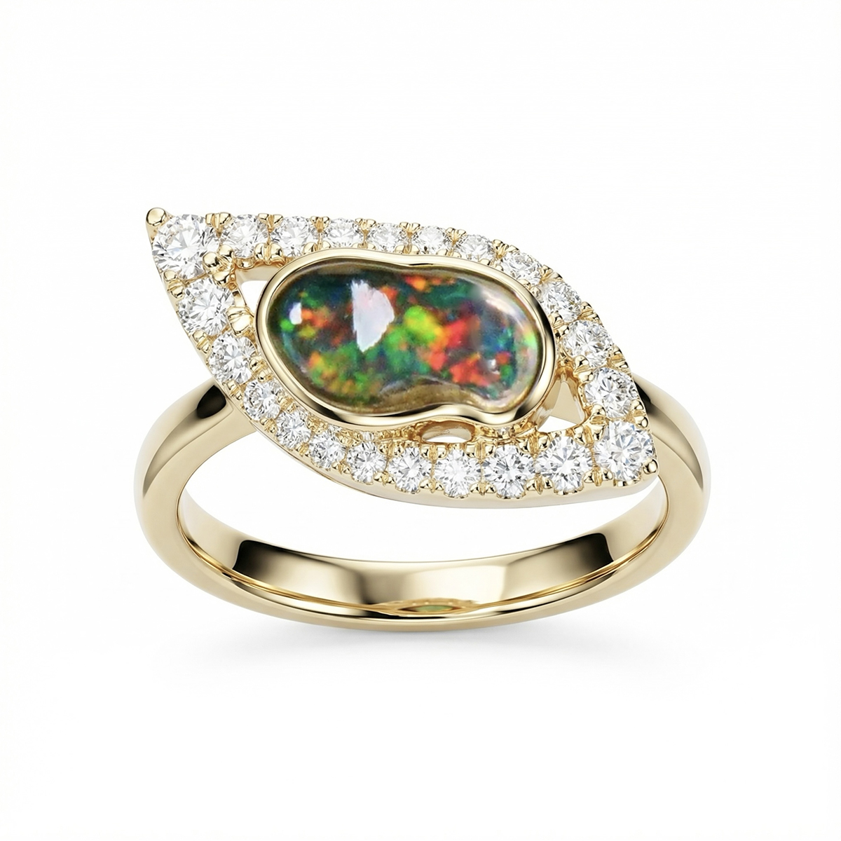 Free-form Fire Opal Willow Leaf Pinky Ring with Diamond Pave